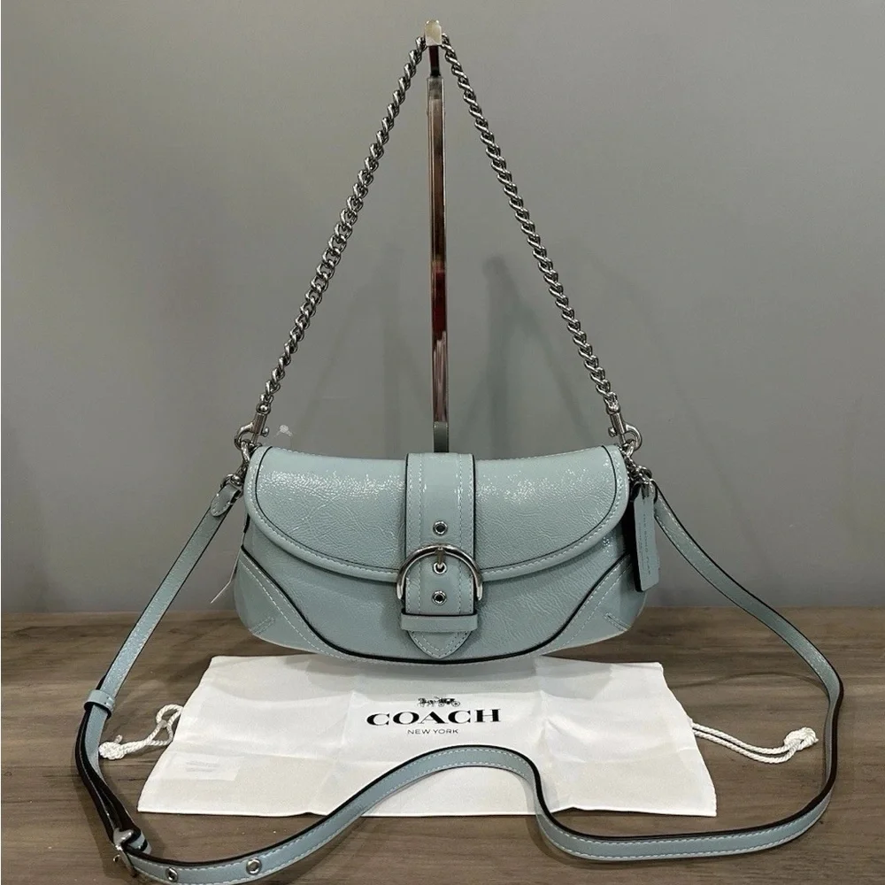 COACH CAN43 Soho Bag 25 Shoulder/Crossbody Crinkle Patent Leather Light Blue - Picture 3 of 14